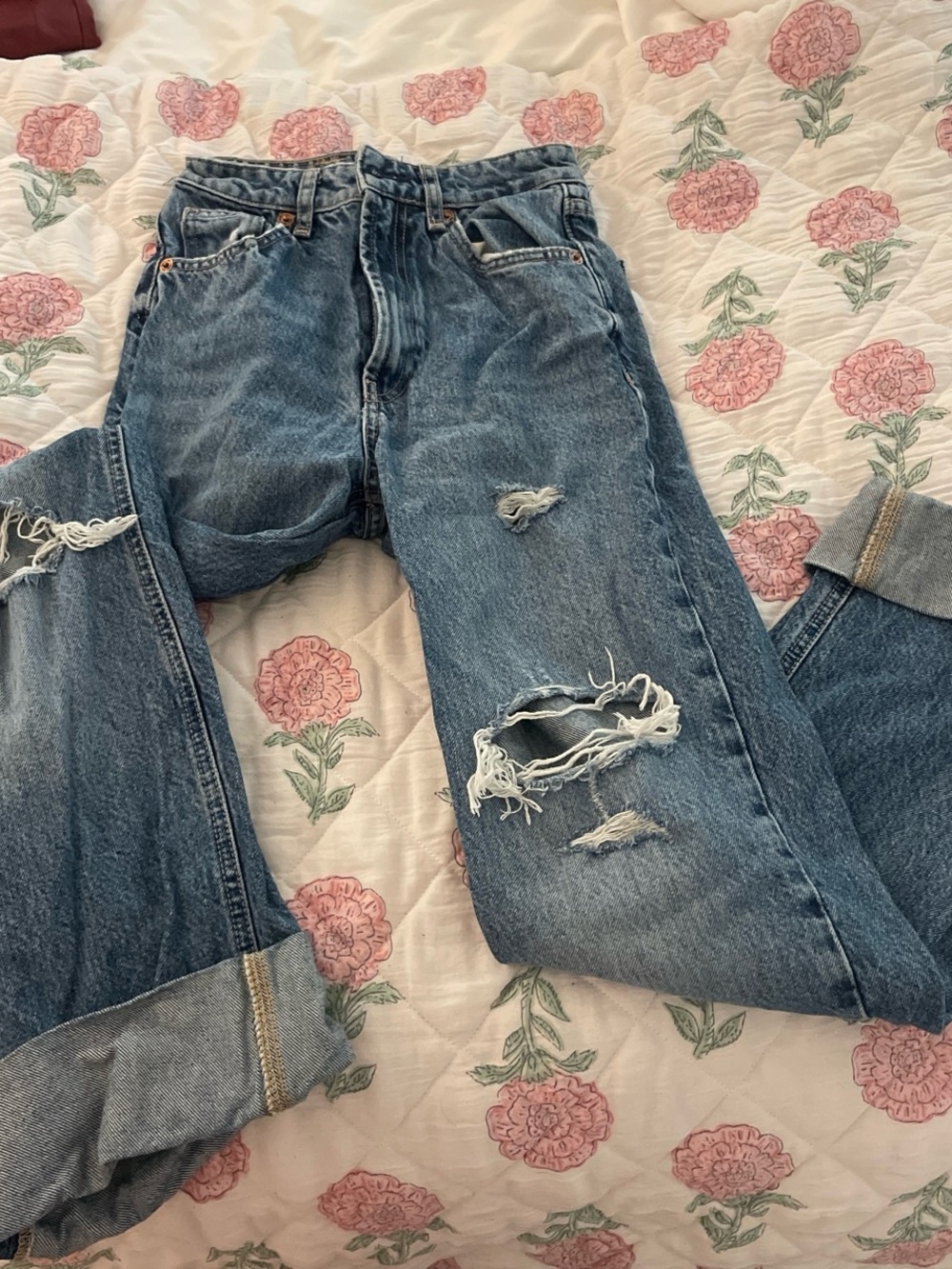 Zara Distressed High-Rise Wide-Leg Jeans - Medium Blue